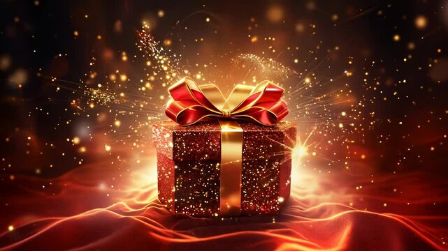A red gift box with a gold bow glitters and shines on a dark background with a bokeh