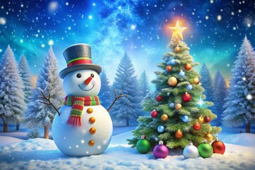 In a whimsical winter scene, a cheerful snowman dances among snowflakes, with shimmering trees sparkling under the