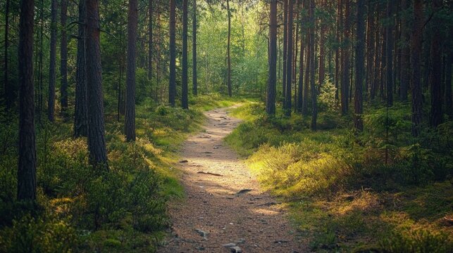 Nature trail and hiking path in forest. Forest scene with hiking path, straight trail through forest
