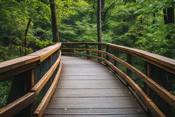 Wooden Pathway Winding Through a Lush Green Forest During the Daytime