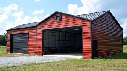 A red metal garage with open doors, showing the interior and a vehicle parked inside.