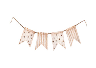 Watercolor beige garland. polka dot and striped flags on a rope isolated on white background. Hand drawn Decorative design element for girl Nursery wall art or childish greeting cards, invitation.