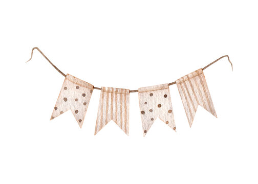 Watercolor beige garland. polka dot and striped flags on a rope isolated on white background. Hand drawn Decorative design element for girl Nursery wall art or childish greeting cards, invitation.