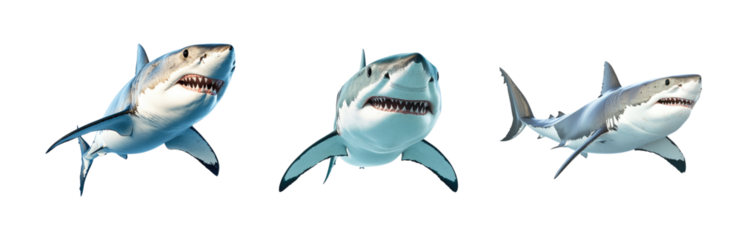 Set of great white sharks swimming isolated on white background