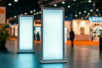 Illuminated Display Stands in a Modern Exhibition Hall During a Well-Attended Trade Show Event