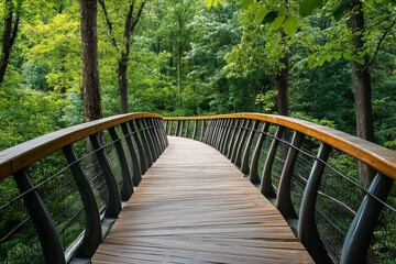 Obraz premium Curved Wooden Bridge Through Lush Green Forest in Daylight for Leisurely Nature Strolls