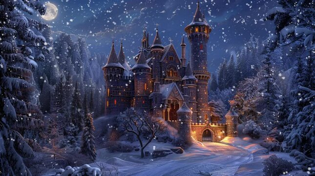 Majestic fantasy castle illuminated at night surrounded by a winter landscape, showcasing a magical and serene atmosphere.
 Seamless looping 4k time-lapse virtual video animation Generated AI