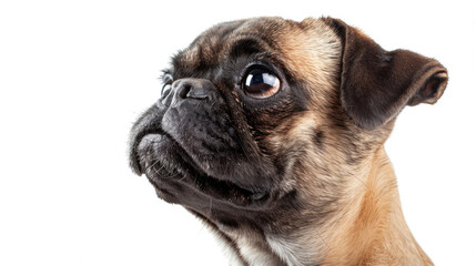 Obraz premium Close-up portrait view of adorable Pug dog head and face looking from side view isolated on white background