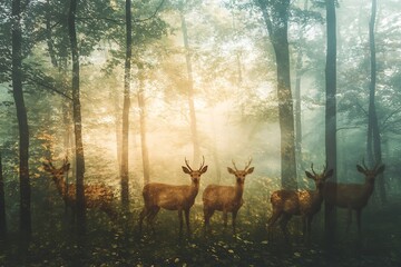 Misty Forest with Deer Silhouettes.