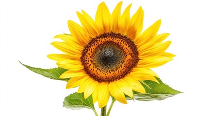Fototapeta premium A single sunflower in full bloom, isolated on a white background, showcasing its vibrant yellow petals and dark center.