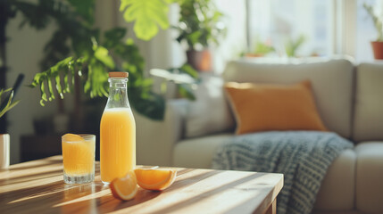 a bottle and glass of freshly squeezed orange juice sitting on a coffee table