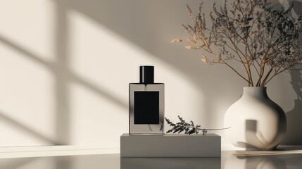 Minimalist Perfume Bottle on White Platform with Dried Flowers