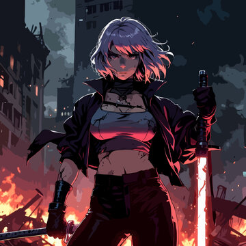 anime female swordsman dystopian city