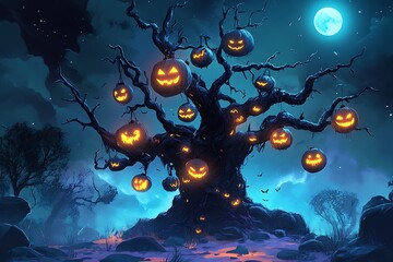 Spooky Halloween Tree with Jack-o'-Lanterns and Full Moon.