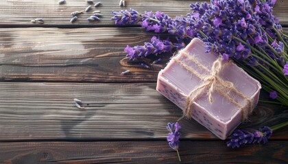 Lavender Soap Bar Resting Beside Fresh Lavender Flowers on a Rustic Wooden Surface in Natural Light