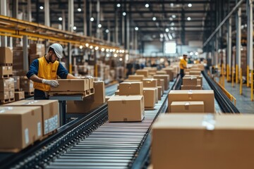 workers sorting boxes beside rows of conveyor belts loaded with boxes, highlighting the efficiency and automation in a logistics warehouse environment
