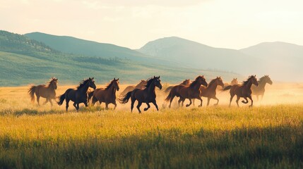 Fototapeta premium A herd of wild horses running freely across a grassy field with mountains in the distance.