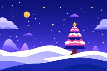 Naklejka premium Minimalist cartoon Christmas tree with pink branches and a starry backdrop surrounded by gift boxes and snow covered hills under a bright moon creating a playful and whimsical holiday illustration