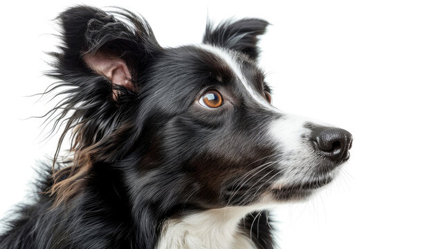 Close-up portrait view of adorable Border Collie dog head and face looking from side view isolated on white background