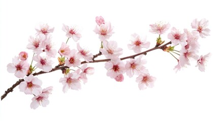Naklejka premium A delicate branch of cherry blossoms with pink petals, isolated on a white background. The image captures the beauty and fragility of these spring flowers.