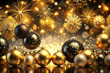 Happy New Year 2025. Christmas and New Year banner made of gold and black Christmas tree glass balls with space to copy.