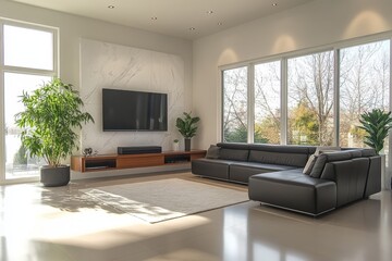 Fototapeta premium Spacious Modern Living Room With Large Windows and Sleek Furniture During Daylight Hours