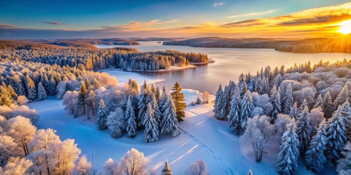 In the Upper Peninsula, a peaceful winter landscape unfolds with snow-covered trees framing a frozen lake, illuminated