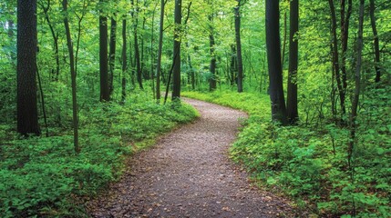 Fototapeta premium Nature trail and hiking path in forest. Forest scene with hiking path, straight trail through forest