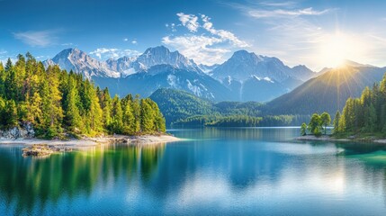 Naklejka premium A picturesque scene of a tranquil lake nestled amidst towering mountains, bathed in the golden light of sunrise.