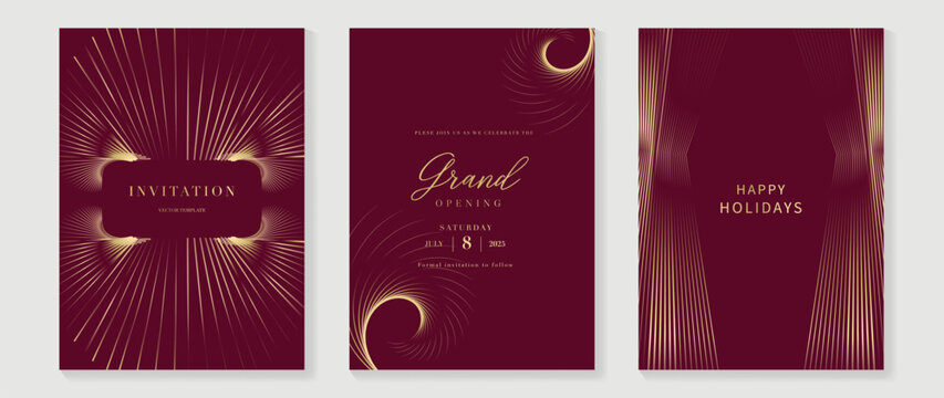 Luxury invitation card background vector. Golden elegant wavy gold line pattern on red background. Premium design illustration for wedding, vip cover template, grand opening, flyer.