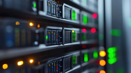 A row of computer servers with green lights on them. The servers are connected to each other and are part of a larger network
