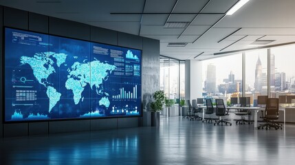 A large digital wall displaying global business analytics and data visualizations in a modern office.