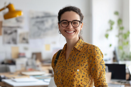 happy female business designer standing in an office smiling at work