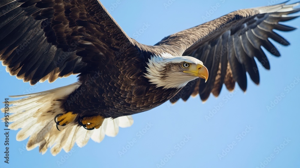 Wall mural a close-up of a bald eagle in flight, showcasing its majestic wings and sharp gaze. the eagle is fly