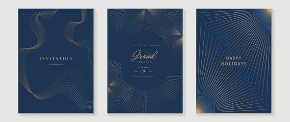 Luxury invitation card background vector. Golden elegant wavy gold line pattern on navy blue background. Premium design illustration for wedding, vip cover template, grand opening, flyer.