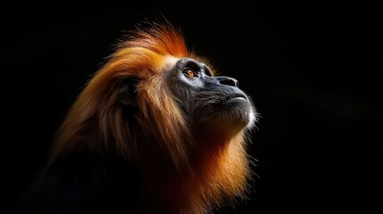 A close-up portrait of a golden monkey looking up. The monkey has long, golden fur, and its eyes are bright and alert. The background is dark, which makes the monkey stand out.