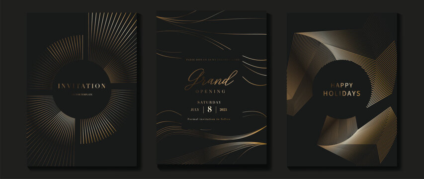 Luxury invitation card background vector. Golden elegant wavy gold line pattern on black background. Premium design illustration for wedding, vip cover template, grand opening, flyer.