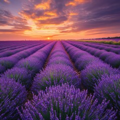 Obraz premium A lavender field in full bloom stretching to the horizon, with a vibrant purple hue under a golden evening sky