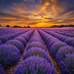 Fototapeta premium A lavender field in full bloom stretching to the horizon, with a vibrant purple hue under a golden evening sky