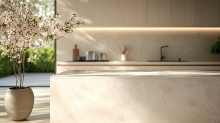 A close up of a modern kitchen countertop with a clean and minimalist design. The countertop is made of light-colored stone with a smooth, glossy finish.