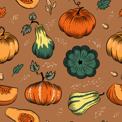 2 Autumn pumpkin sketch seamless pattern. Whole pumpkins of various shapes, piece of pumpkin, leaves and seeds. Color hand-drawn vector background for paper, packaging, fabric.