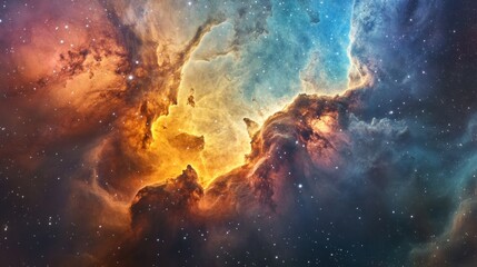 Fototapeta premium A vibrant nebula with swirling clouds of gas and dust, illuminated by distant stars. The colors and textures create a mesmerizing display of cosmic beauty.