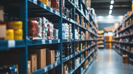 A warehouse aisle with rows of shelves fully stocked with boxes and packaged products