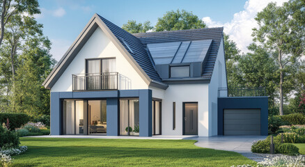 a two-story modern house with a gable roof. One floor is white, and the other is blue. The left side has large windows and a terrace on the second level