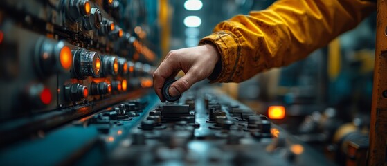 A hand adjusting controls on an industrial machine.