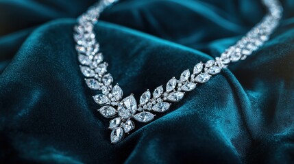 Obraz premium A close-up shot of a diamond necklace on a green fabric background.