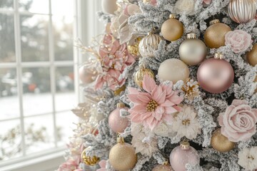 Elegant Christmas tree decorated with blush pink and white ornaments set in a bright sunlit room with frosted branches and delicate holiday decor evoking a serene festive atmosphere