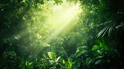A lush rainforest canopy with sunlight streaming through the dense foliage, creating a vibrant green glow.