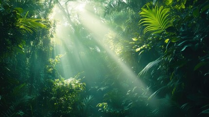 Fototapeta premium A lush rainforest canopy with sunlight streaming through the dense foliage, creating a vibrant green glow.