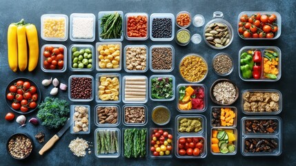 A variety of healthy ingredients in meal prep containers, ready to eat.